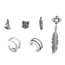 Vintage Style Antique Silver Leaf Earring Buddha Owl Feather Stud Clips Set for Women and Girls