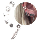 Vintage Style Antique Silver Leaf Earring Buddha Owl Feather Stud Clips Set for Women and Girls
