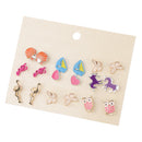 9 Pairs Girl Cute Animal Flamingo Sailing Owl Butterfly Ear Stud Earring Set
