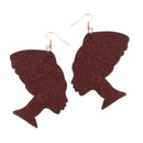Ethnic Vintage African Lady Woman Head Wooden Hook Earrings Drop Dangle Stud