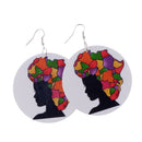 White Round Wooden Tag Dangle Black Female with African Map Hair Earring