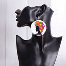 White Round Wooden Tag Dangle Black Female with African Map Hair Earring