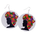 White Round Wooden Tag Dangle Black Female with African Map Hair Earring