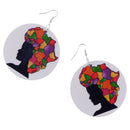 White Round Wooden Tag Dangle Black Female with African Map Hair Earring