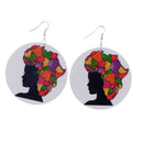 White Round Wooden Tag Dangle Black Female with African Map Hair Earring