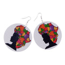 White Round Wooden Tag Dangle Black Female with African Map Hair Earring
