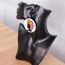 White Round Wooden Tag Dangle Black Female with African Map Hair Earring