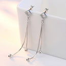 Silver Round Ball Bead Dangle Drop Long Chain Tassel Earring Square Ear Stud