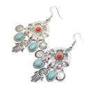 Vintage Silver Bohemia Hamsa Hand Fatima Palm Lucky Long Drop Dangle Earring