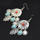 Vintage Silver Bohemia Hamsa Hand Fatima Palm Lucky Long Drop Dangle Earring
