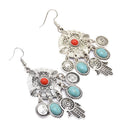 Vintage Silver Bohemia Hamsa Hand Fatima Palm Lucky Long Drop Dangle Earring