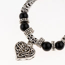 Vintage Antique Silver Heart Charm Bracelet Round Gemstone Beads Bangle