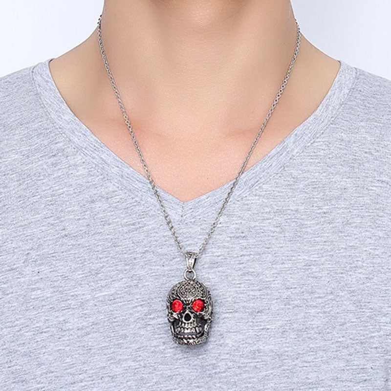 Fashion Men's Jewelry Titanium Steel Chain Red Eye Skull Pendant Necklace for Men