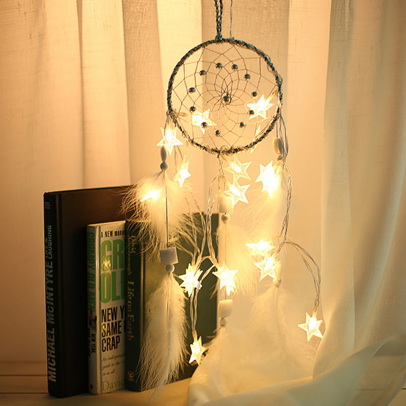 Handmade Dream Catcher Net With Feathers Beads Wall Hanging Decorations Stars String Lights