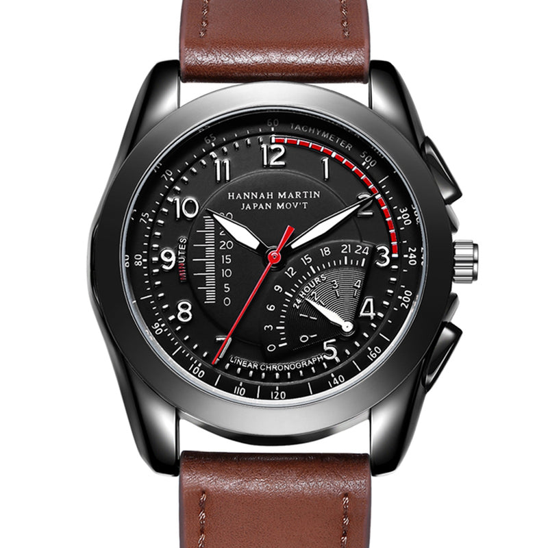 HANNAH MARTIN BN02 Men Quartz Watch Fashion Fake Dial Leather Strap Military Sport Watch