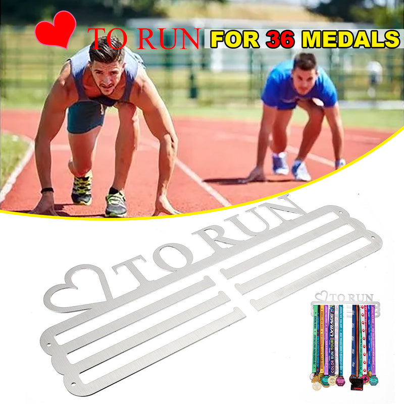 'LOVE TO RUN' Medal Hanger Display Holder Brushed Stainless Steel Wire 36 Medals Hanger 32cm Triple Bar