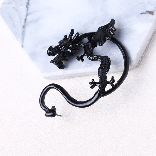 Unisex Statement Punk Dragon Ear Cuff Black Gold Ear Clip Stud Earrings