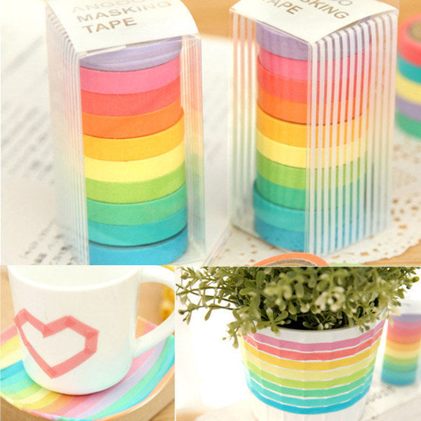 10 Rolls Rainbow  Paper Tapes Adhesive Sticker Candy Color Decorative For Scrapbook