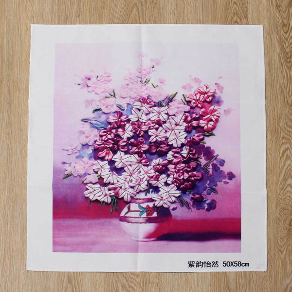 50x58cm 3D Silk Ribbon Purple Flower Cross Stitch Kit Embroidery DIY Handwork Home Decoration