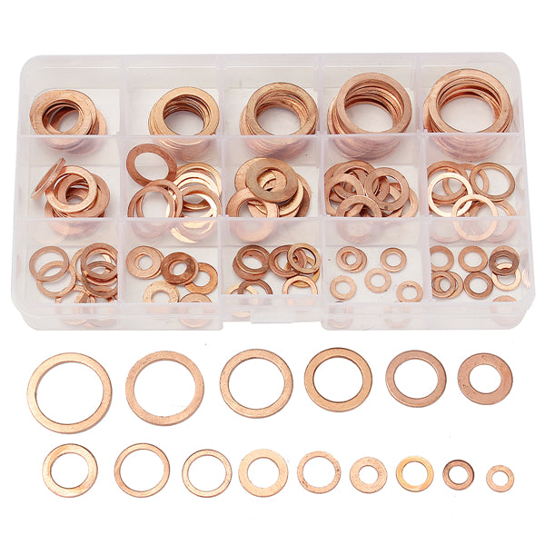 150Pcs Solid Copper Washers Sump Plug Assorted Washer Set Plastic Box 15 Sizes