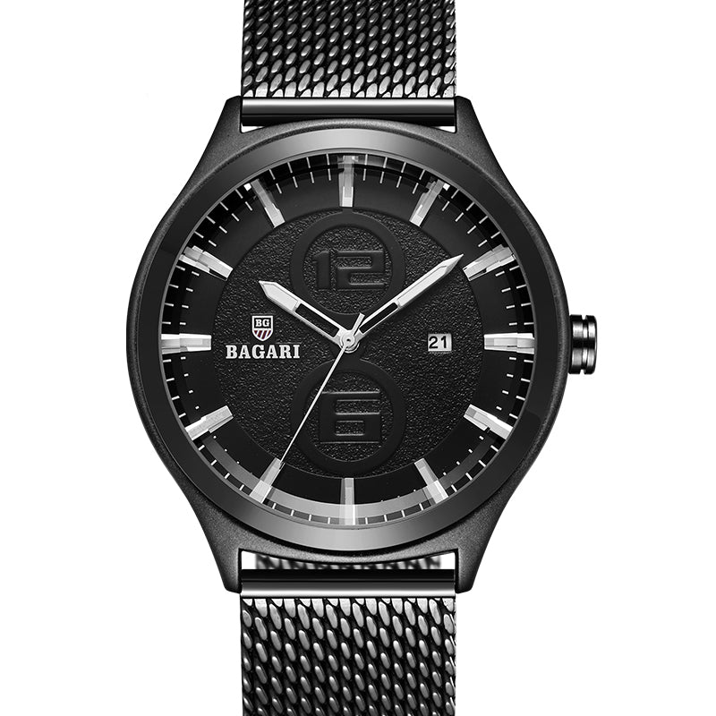 BAGARI 8012W Ultrathin Business Style Men Watch Mesh Steel Band Quartz Watch