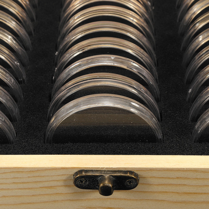 Coin Display Holder Storage Box Wooden Case With 30Pcs 51.5mm Round Slab Certified Capsules
