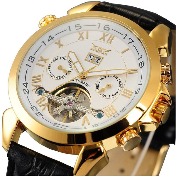 JARAGAR F120504 Fashion Automatic Mechanical Watch Date Display Leather Strap Men Wrist Watch