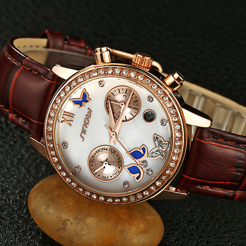 SINOBI 6556 Crystal Case Butterfly Women Leather Strap Ladies Dress Quartz Watch