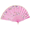 Flowers Folding Hand Fan Handheld Dancing Fan Wedding Party Decors Gift-Pink