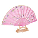 Flowers Folding Hand Fan Handheld Dancing Fan Wedding Party Decors Gift-Pink