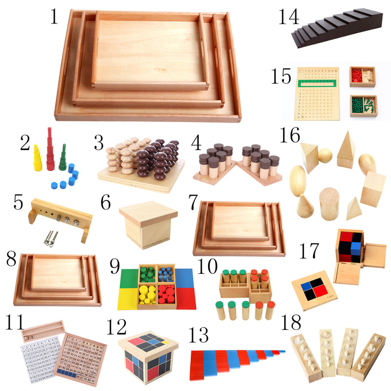 Wooden Big Montessori Rectangle Tray Cubes Beads Toys Holder With Handle