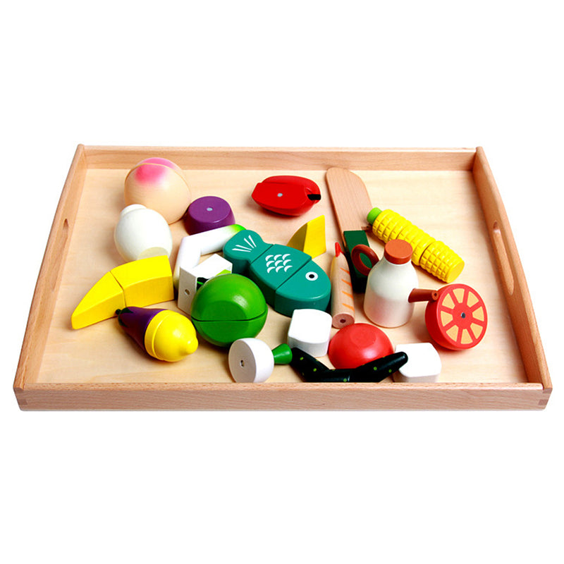 Wooden Big Montessori Rectangle Tray Cubes Beads Toys Holder With Handle