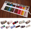 48 Holes Canvas Wrap Roll-up Pencil Case Pen Bag Storage Pouch Clock & Rose
