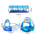 3-in-1 Kids Playhouse with Pop Up Tent, Tunnel, and Basketball Pit for Indoor Outdoor Play - Blue Sea B