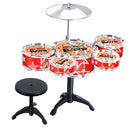 Cool Playing Drum Sound Musical Toy Drum Percussion Instruments Set Kids Play Fun Birthday Gift - 5 Drums + Stool Red