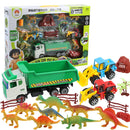 17 Pieces Jurassic Jungle Dinosaur Model Scene Play Set With 3 Construction Trucks, Kids Preschool Educational Toy