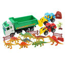 17 Pieces Jurassic Jungle Dinosaur Model Scene Play Set With 3 Construction Trucks, Kids Preschool Educational Toy
