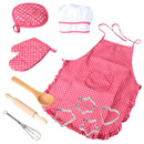 11 pieces Kids Kitchen Cooking Baking Food Cake Kits, Pretend Play Game Toy Chef Apron Cap Glove Set, Wooden Spoon Rolling Pin Whisk Cake Molds Kits Red