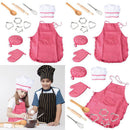 11 pieces Kids Kitchen Cooking Baking Food Cake Kits, Pretend Play Game Toy Chef Apron Cap Glove Set, Wooden Spoon Rolling Pin Whisk Cake Molds Kits Red