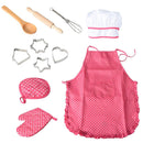 11 pieces Kids Kitchen Cooking Baking Food Cake Kits, Pretend Play Game Toy Chef Apron Cap Glove Set, Wooden Spoon Rolling Pin Whisk Cake Molds Kits Red