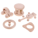 5 Pieces Baby Natural Wooden Montessori Rattle Drum & Teethers Ring Teething Chewable Sound Toy Infant Teether Developmental Gift