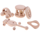 5 Pieces Baby Natural Wooden Montessori Rattle Drum & Teethers Ring Teething Chewable Sound Toy Infant Teether Developmental Gift