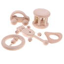 5 Pieces Baby Natural Wooden Montessori Rattle Drum & Teethers Ring Teething Chewable Sound Toy Infant Teether Developmental Gift