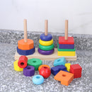 Wooden 3 Column Rainbow Geometry Blocks Match Stack Tower Set Early Learning Toys for Kids
