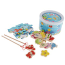 Magnetic Fishing Game Toy, 22 Wooden Fish Animal Model & 2 poles with Ocean Jigsaw Puzzle Board Educational Pretend Play Toy Toddler Gift
