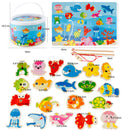 Magnetic Fishing Game Toy, 22 Wooden Fish Animal Model & 2 poles with Ocean Jigsaw Puzzle Board Educational Pretend Play Toy Toddler Gift