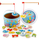 Magnetic Fishing Game Toy, 22 Wooden Fish Animal Model & 2 poles with Ocean Jigsaw Puzzle Board Educational Pretend Play Toy Toddler Gift