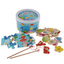 Magnetic Fishing Game Toy, 22 Wooden Fish Animal Model & 2 poles with Ocean Jigsaw Puzzle Board Educational Pretend Play Toy Toddler Gift