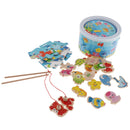 Magnetic Fishing Game Toy, 22 Wooden Fish Animal Model & 2 poles with Ocean Jigsaw Puzzle Board Educational Pretend Play Toy Toddler Gift