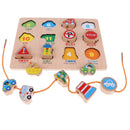 2-in-1 Wooden Cartoon Jigsaw Puzzles Blocks Board & Beads Threading Educational Toy Play Activity- Traffic
